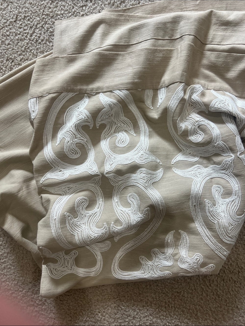 Four Threshold Beige Curtain Panels with White Embroidered Scroll Border
